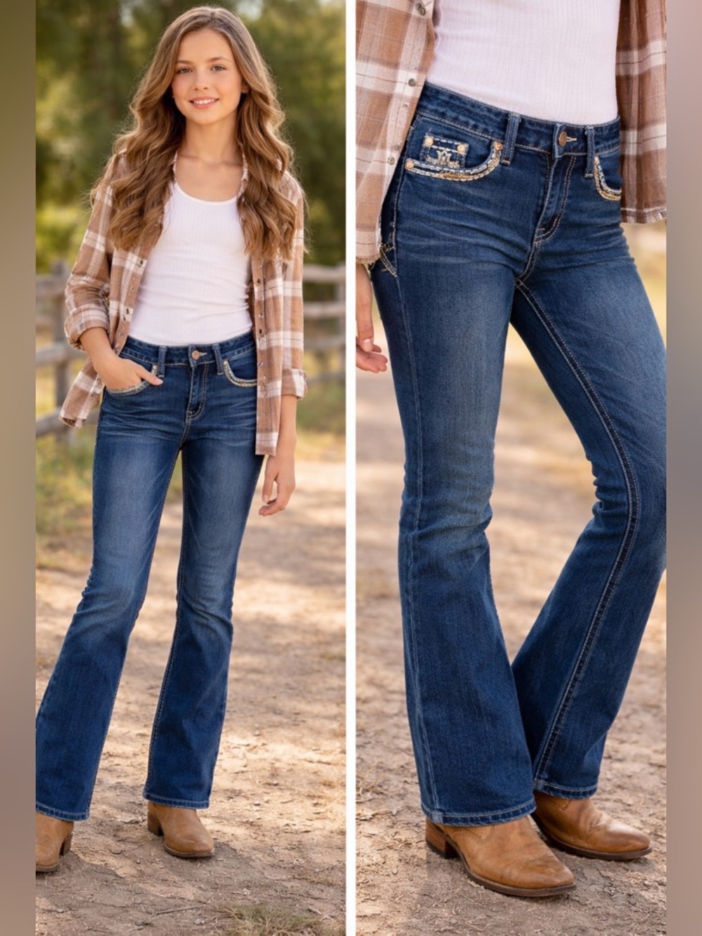Girls' Dark Blue Flare Jeans with Embellished Front Pockets